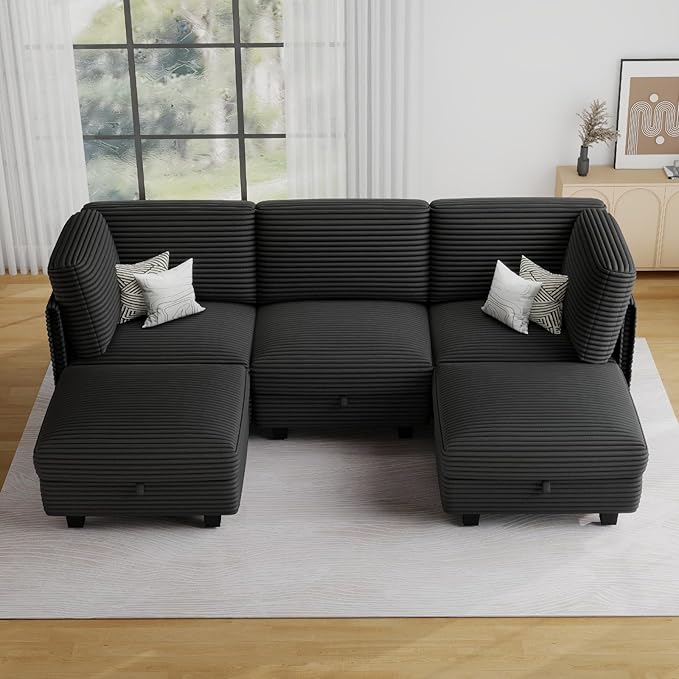 Modular Sectional Sofa with Adjustable Backrest,Large Convertible L/U-Shaped Sleeper Couch for Living Room,Cloud Sofa Bed Modern Reversible Design,Black