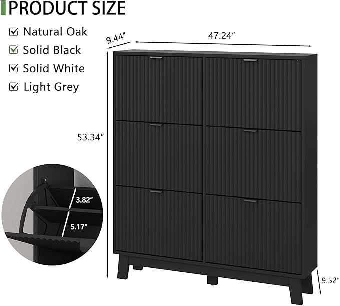 Shoe Cabinet with 6 Flip Drawers, 54" Tall Narrow Fluted Shoe Storage Organizer for Entryway, Hidden Slim Wooden Shoe Rack Cabinet for Front Door Entrance, Hallway, Living Room, Solid Black