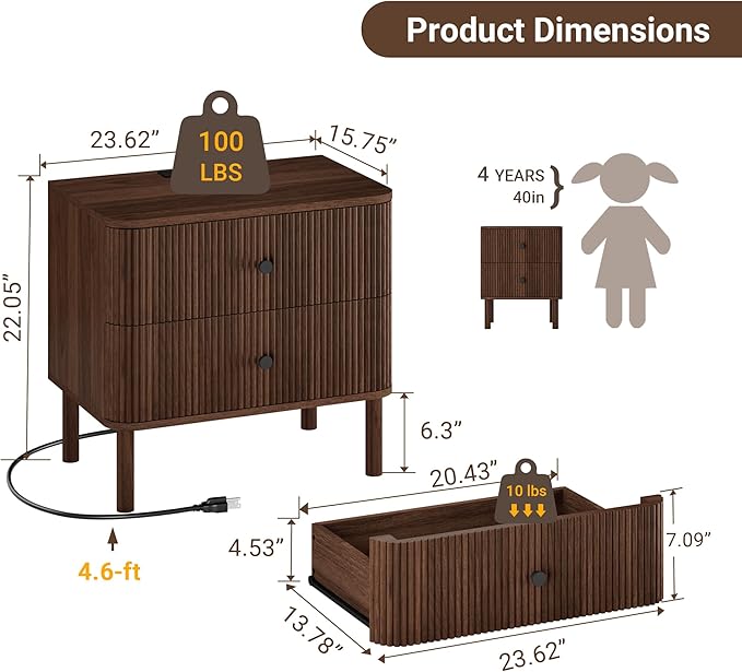 Night Stand Set of 2 with Charging Station, 24" Large Fluted Nightstand with Rounded Corners & Solid Wood Legs, 2 Drawers Mid Century Modern Bedside Table for Bedroom, Walnut