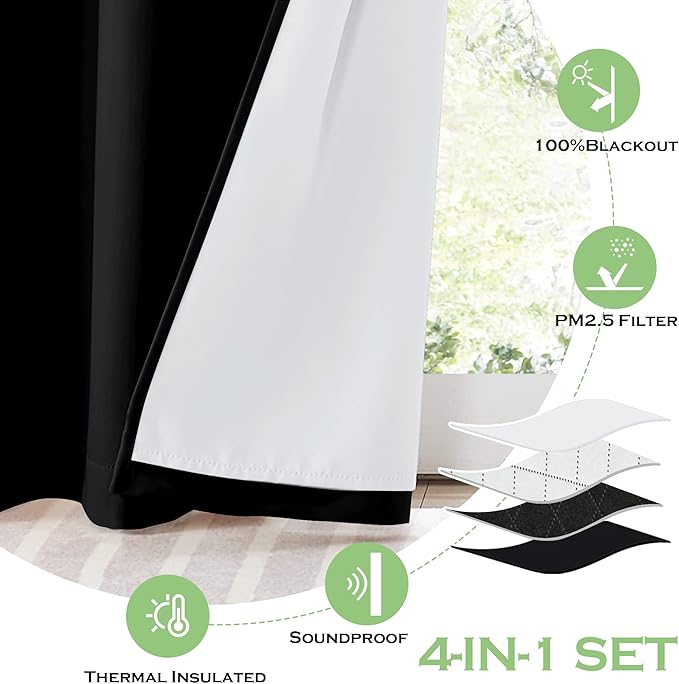 KGORGE Soundproof & Dust Particle Filtering Curtains 100% Blackout Window Cover Thermal Insulating Energy Smart Curtains for Living Room Bedroom Baby Nursery, W 52 x L 102 inches, Black, 1 Pair