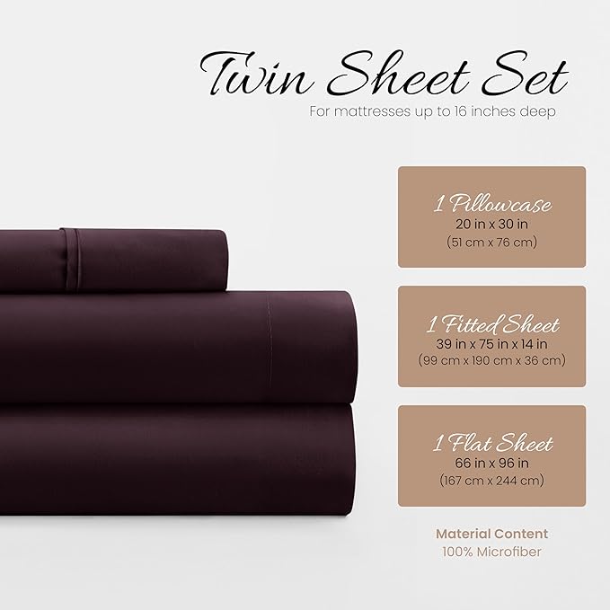 Linen Market Bed Sheets for Twin Size Bed (Purple) - Sleep Better Than Ever with These Soft and Cooling Twin Sheets - Deep Pocket Fits 16" Thick Beds - 3 Piece Twin Sheet Set