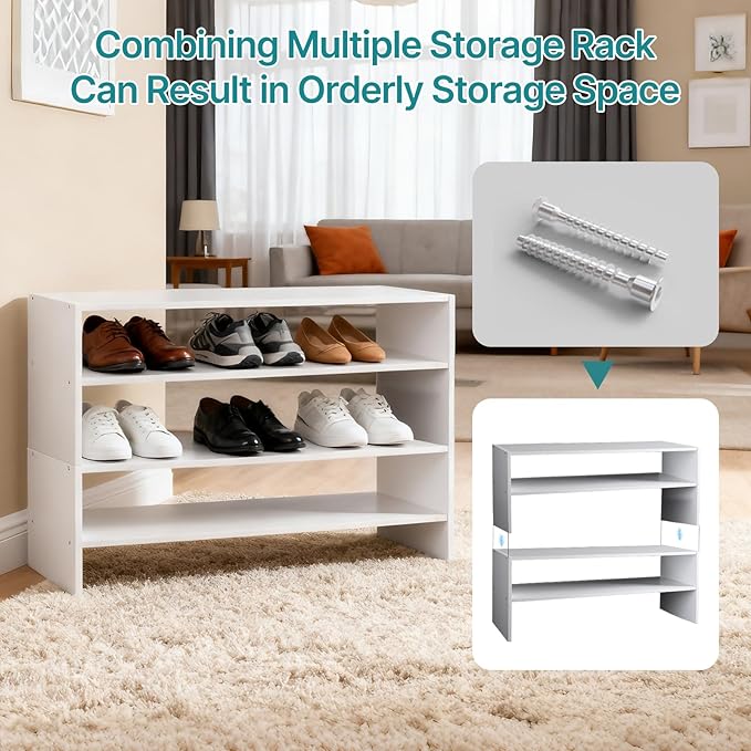 DUMOS 31 Inch Stackable White Shoe Rack, 2-Tier Wooden Storage Benches Organizer, Freestanding Entryway Bench for 6-9 Pairs Shoes, for Entryway, Office, Bathroom Use, White
