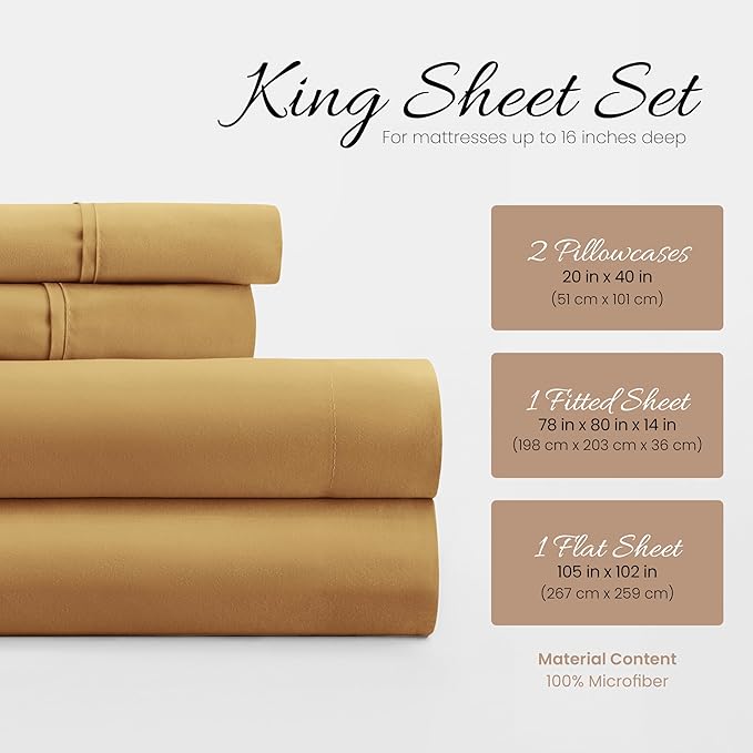Linen Market Brushed Microfiber King Sheet Set 4 Piece – Oeko-TEX Certified Ultra Soft & Wrinkle-Free - 16" Deep Pocket Sheets - Easy Care King Size - Gold
