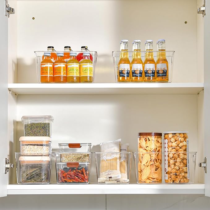 12 Pack Middle Organizers and Storage, Pantry Organization and Storage Bins, Cabinet Organizer, Clear Plastic Storage Containers with Handle，Acrylic Storage Bins for Cabinet, Fridge