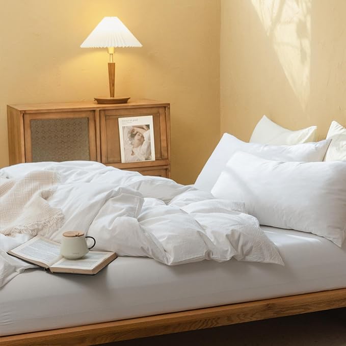 FOSSA Duvet Cover Set 100% Washed Cotton Linen Feel Super Soft Breathable Cozy 3 Pieces Bedding Sets Solid Off White Super Queen