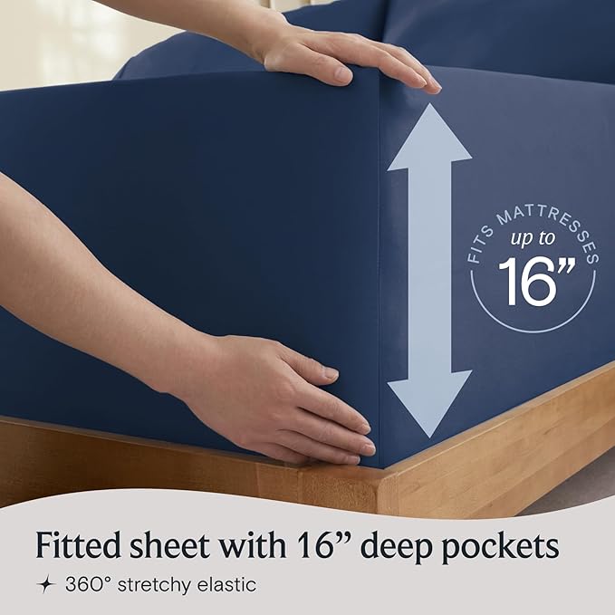 LuxClub 4 PC King Sheet Set, Deep Pockets Wrinkle Free Cooling Bed Sheets Hotel Bedding for Women, Men, Includes 1 Fitted Sheet, 1 Flat Sheet and 2 Pillowcases-Soft Navy