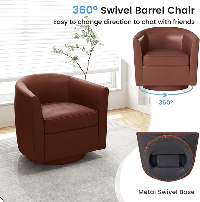 Giantex Swivel Small Accent Chair with Ottoman, Modern Faux Leather Barrel Club Chair w/Footrest, Removable Seat Cushion, Swivel Single Sofa Arm Chair for Living Room, Bedroom, Office (Brown)