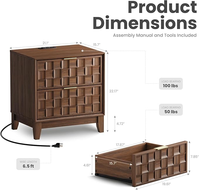 COLAMY Night Stand Set of 2, Nightstand with Charging Station, 22" Modern Bed Side Table with 2 Storage Drawers and Chessboard Relieffor Bedroom, Dorm and Small Spaces - Walnut