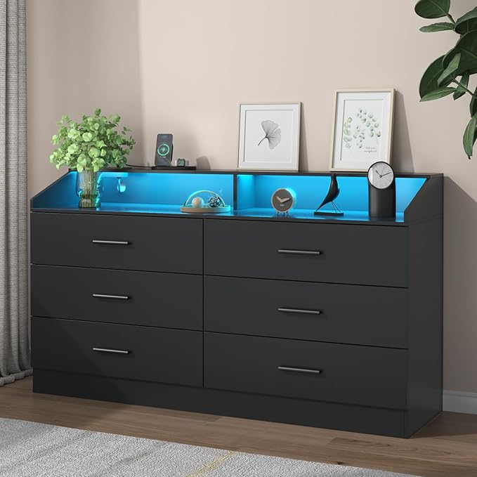 6 Drawer Dresser with Power Outlet, Chest of Drawers with LED Light, Modern Dresser with Open Storage Cubby, Double Wide Dressers Organizer for Bedroom, Living Room, Entryway, Hallway