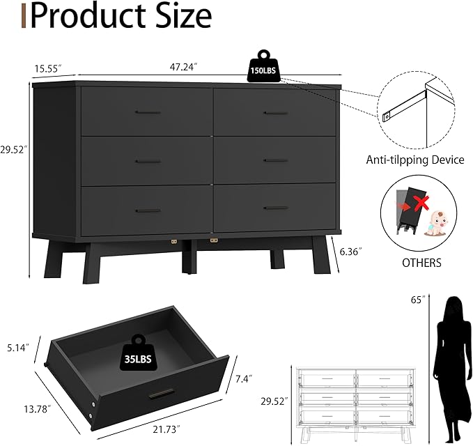 Dresser for Bedroom with 6 Drawer, Modern Chest of Drawers with X-Shaped Sturdy Base, Wide Wood Double Dresser Closet Clothes Storage Organizer, Wooden TV Stand for Living Room, Hallway, Black