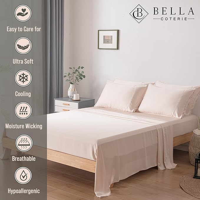 Bella Coterie 6 Piece Luxury Bamboo Viscose King Size Sheet Set | 100% Organically Grown | Cooling for Hot Sleepers | 18" Deep Pocket | Soft & Hypoallergenic | 4 Pillowcases [Champagne]