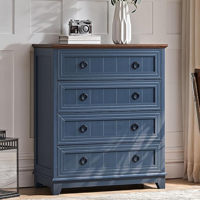 Farmhouse 4 Drawer Dresser for Bedroom Set of 2, 35" Tall Small Dressers & Chest of Drawers, Rustic Wood Dresser with Metal Handle, Storage Organizer Closet for Living Room, Hallway, Entryway