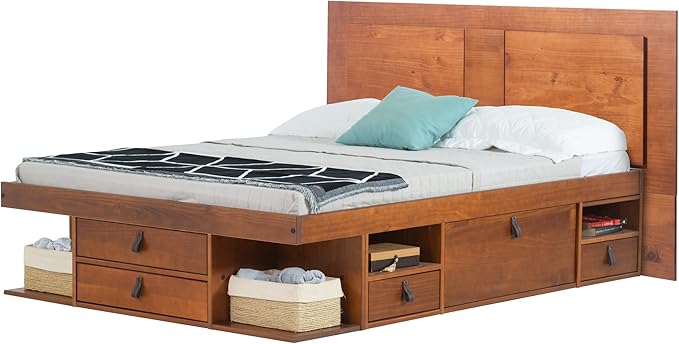 memomad Bali Slim Set: Storage Platform Bed with Drawers + Flat Panel Headboard (Queen Size, Caramel Brown Wood)
