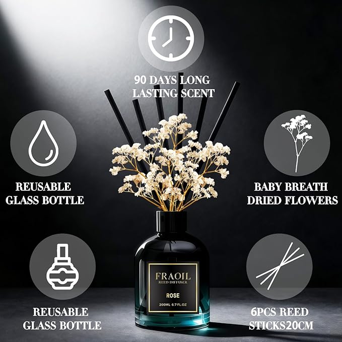 Rose Reed Diffuser, Reed Diffuser Set 6.7 fl oz (200 ml) with 6 Reed Sticks, Home Fragrance Reed Diffuser for Bathroom Shelf House Bedroom Office Decor