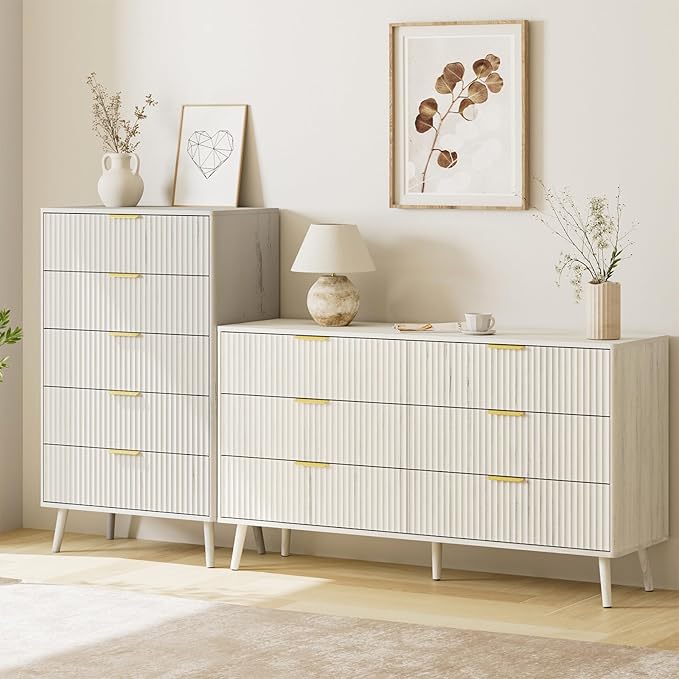 LYNSOM Fluted 5 Drawers Dresser, 45" Tall Modern Chest of Drawers with Curved Profile Design and Metal Handle, Wood Drawer Organizer for Bedroom, Living Room, Hallway, Entryway, White