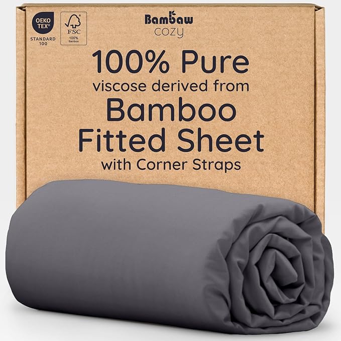Bambaw 100% Viscose Derived from Bamboo Fitted Sheet Twin Size, Cooling Fitted Sheet with Corner Straps, Twin Mattress Fitted Sheet Only, 15’’ Deep Pocket Single Fitted Sheet Twin Size (Charcoal)