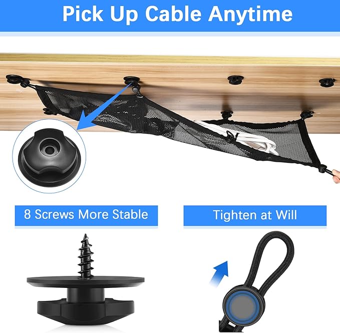 Cable Management Net Under Desk Kit,Privacy Mesh Cable Manager Flexible Under Desk Wire Net Large Capacity Cord Organizer Net for Office,Standing Desk, Home, 26 X 10 Inches