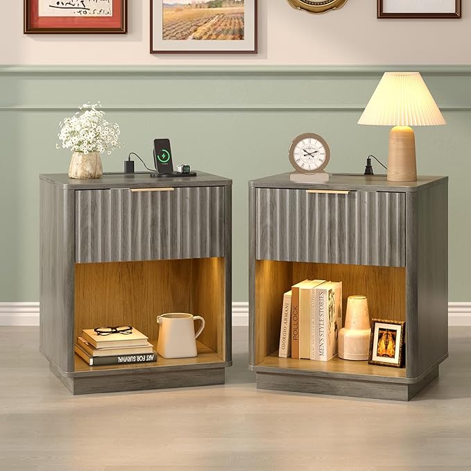 VINGLI Night Stands Set 2 with Charging Station, LED Nightstand Fluted with Rounded Edge, 19" W Mid Century Modern Nightstand for Bedroom, Fluted Night Stand/End Table/Bed Side Table, Grey