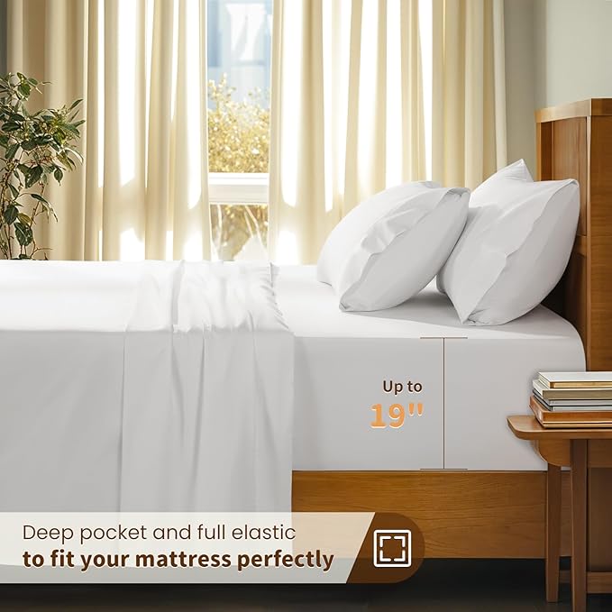 LBRO2M 100% Cotton Sheets Set Deep Pocket 19", 1000 Thread Count California King Size 4 Piece Bed Sheet Sets Soft Comfortable Bedding All Season (California King, White)