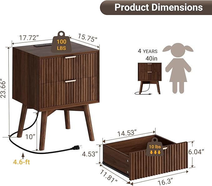 Fluted Nightstand, Night Stand Set 2, Nightstands Set of 2 with Beveled Edges & Solid Wood Legs, 2 Drawer Wooden End Table with Charging Station, Modern Bedside Table for Bedroom, Walnut