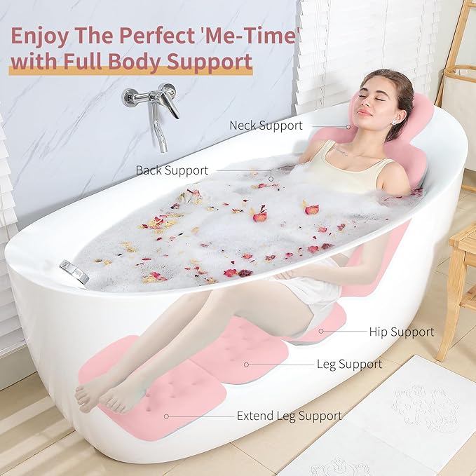 Luxury Bath Cushion, Full Body Bathtub Pillow with 160 Suction Cups, Bath Mat for Head and Neck Support, with Laundry Bag (Light Pink, 60.2" x 16.2")