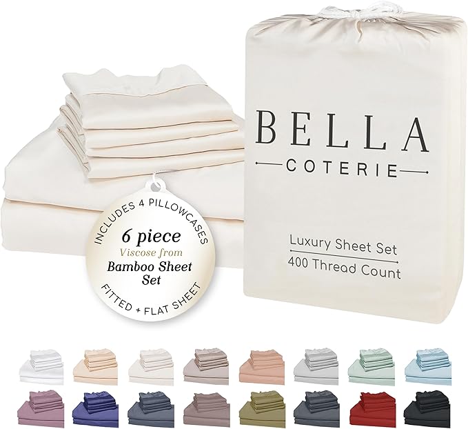 Bella Coterie 6 Piece Luxury Bamboo Viscose California King Size Sheet Set | 100% Organically Grown | Cooling for Hot Sleepers | 18" Deep Pocket | Soft & Hypoallergenic | 4 Pillowcases [Ivory]