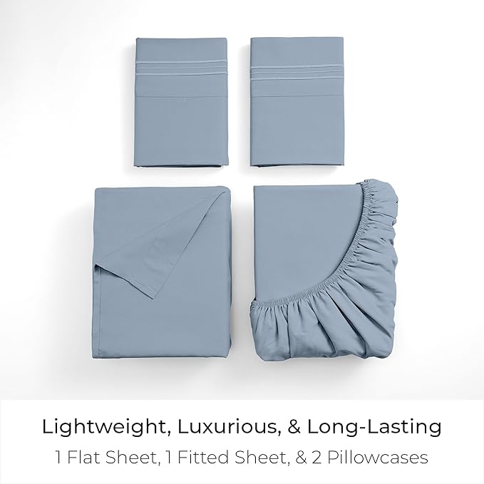 Mellanni Twin Sheet Set - 4-Piece Iconic Collection Bedding, (Including 2 Pillowcases), 16-Inch Deep Pocket, Easy Care, Extra Soft, Cooling Sheets, Brushed Microfiber - Blue Hydrangea