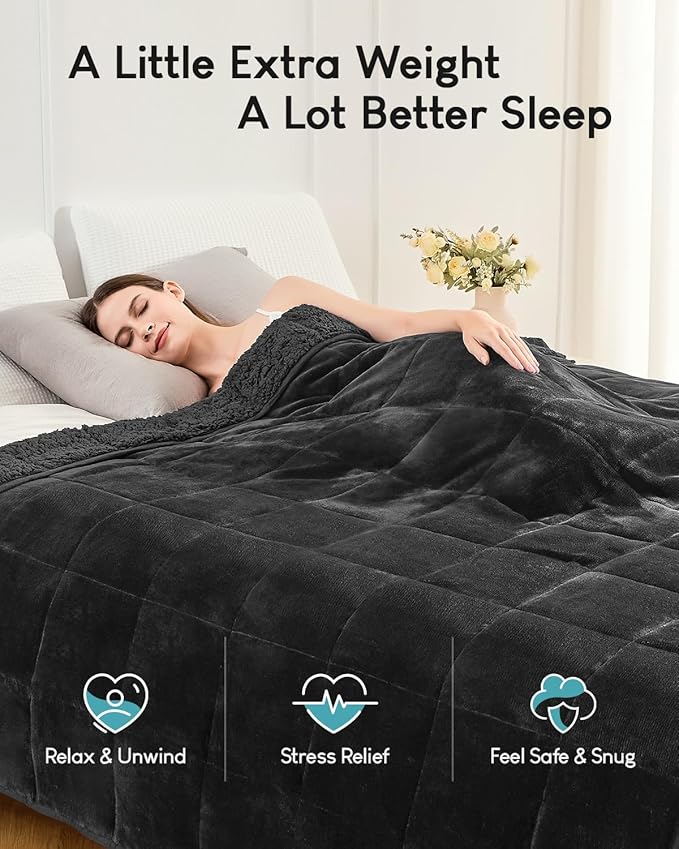 Cottonblue Weighted Blanket 15lbs 80x87 Inches for Queen King Size Bed, Ultra Soft Sherpa Weighted Throw Blankets for Relax and Sleep, Cozy Comfort Heavy Bed Blankets with Cemaric Beads, Black