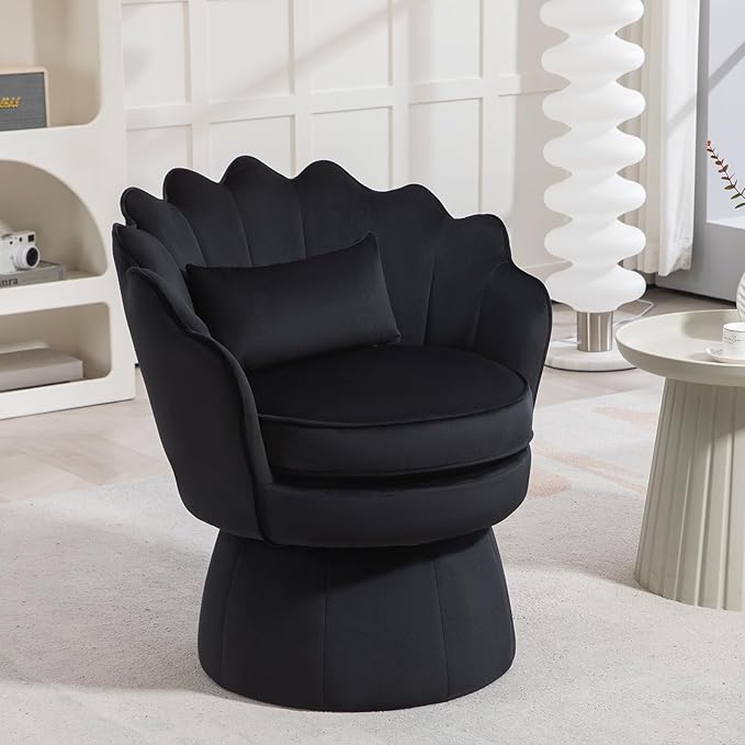 360° Swivel Accent Chair, Mid-Century Modern Velvet Barrel Chair, Comfy Shell Shape Arm Chair with Lumbar Pillow for Living Room, Bedroom, Office, Black