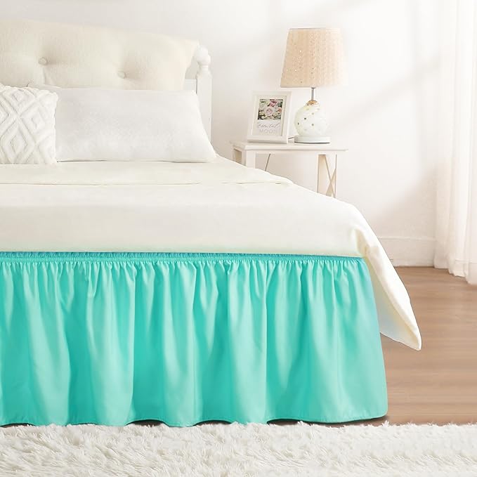 RIMELA Spa Blue Bed Skirt King Size 15 Inch Drop, Elastic Bed Skirting for Bed Base and Frame, Bedding Dust Ruffle Easy to Install, Lightweight Wrap Around Adjustable Bedskirt