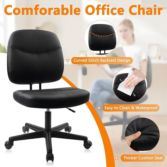 CLATINA Armless Home Office Chair, Small PU Leather Ergonomic Low Back Desk Chair with Lumbar Support and Wheels, Adjustable Height 360° Swivel Rolling Computer Task Chair, Black, 8 Pack