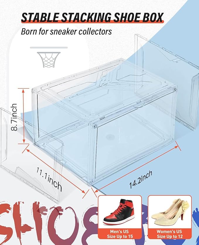 KDOR Shoe Box Clear Plastic Stackable for Sneakers,Closet,Hat. 10 Pack Sneaker Storage Boxes with Magnetic Door, Acrylic Display Case, Strong and Sturdy Fit Shoe Size Up to US 15