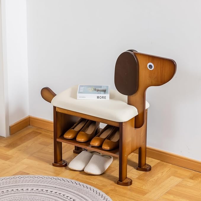 Shoe Bench with Cushion, 2-Tier Dog Entryway Bench Cute, Wood Shoe Rack Bench,19.69 inches