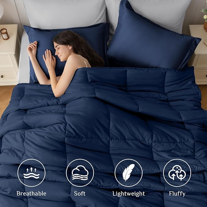 JOLLYVOGUE Twin XL Comforter Set, Ultra-Soft Bed in a Bag Twin XL Size 5 Pieces, Oeko-TEX Certified Bedding Set with Down Alternative Comforter, Sheets, Pillowcases & Shams, Navy Blue & Light Grey