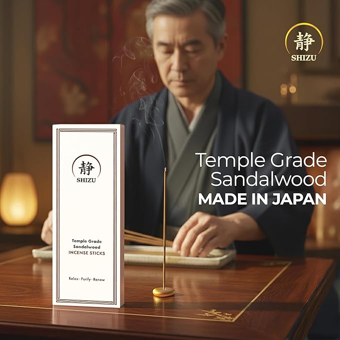 Shizu Sandalwood Incense Sticks – Temple Grade Japanese Incense with Brass Holder – Calming Scent for Relaxation, Meditation & Home Spa, Elegant Gift Set (60 Sticks)