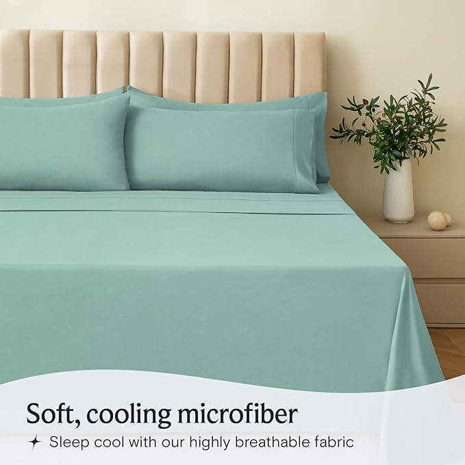LuxClub 4 PC Full Sheet Set, Deep Pockets Wrinkle Free Cooling Bed Sheets Hotel Bedding for Women, Men, Kids & Teens, Includes 1 Fitted Sheet, 1 Flat Sheet and 2 Pillowcases-Soft Light Teal