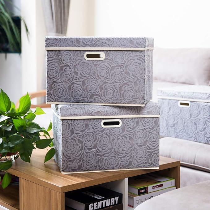 PRANDOM Large Storage Boxes with Lids [3-Pack] Fabric Decorative Storage Bins Cubes Organizer Containers Baskets with Handles for Closet Grey 17.7x11.8x11.8 In For 6+ Year Old Boys and Girls