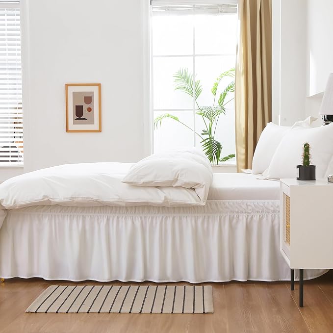 MEILA Wrap Around Bed Skirt Three Fabric Sides Elastic Dust Ruffled 24 Inch Tailored Drop,Easy to Install Fade Resistant-Natural White, Queen/King