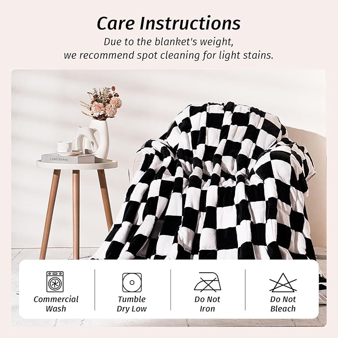 Wemore Flannel Fleece Weighted Blanket for Adult Twin Size 15 lbs, Dual Sided Luxurious Checkerboard Grid Heavy Blankets, Ultra Soft Throw Blanket, Plaid Black, 48 x 72 inches