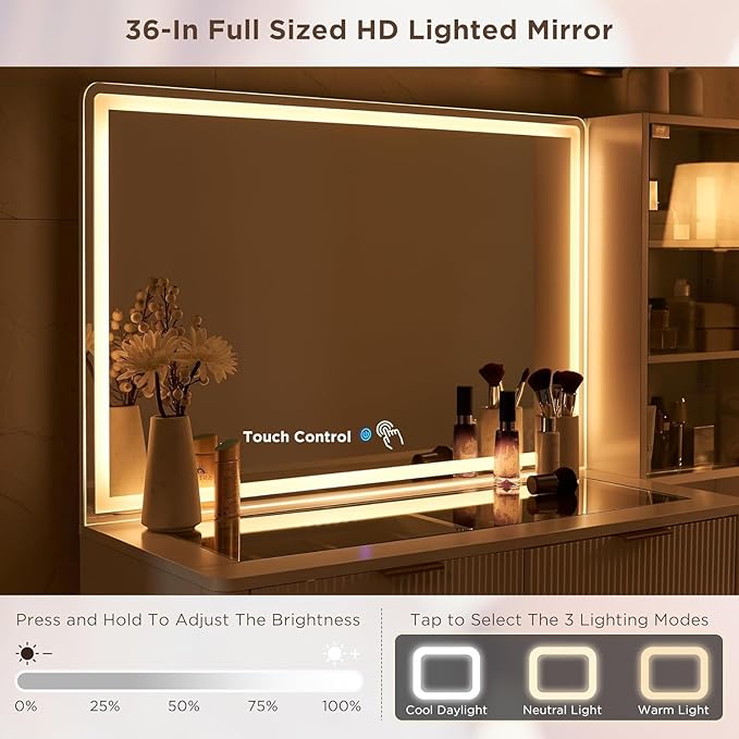 T4TREAM Fluted Makeup Vanity Desk with 36" HD Lighted Mirror, 48" Big Modern Vanity Desk with Mirror and Lights, Dressing Table with 5 Drawers & Shelves, Glass Top for Bedroom (Off White)