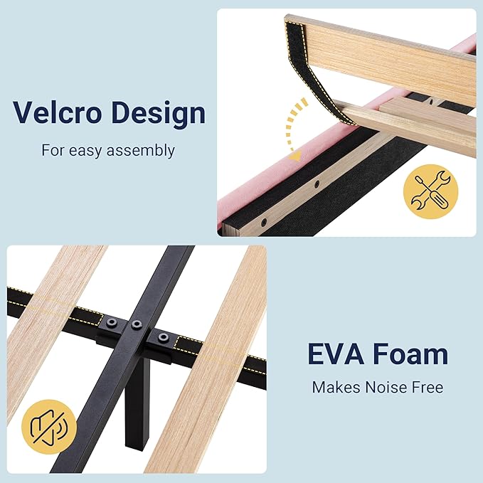Allewie Full Size Platform Bed Frame with Velvet Upholstered Headboard and Wooden Slats Support, Fully Upholstered Mattress Foundation/No Box Spring Needed/Easy Assembly, Pink