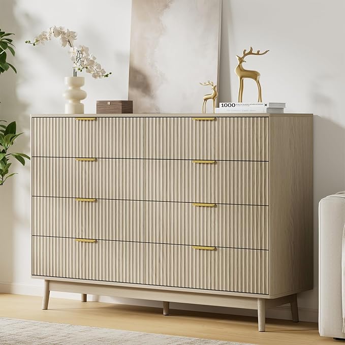 LYNSOM Fluted Dresser and Nightstand Sets 3 Piece, 8-Drawers Dresser and 1-Drawer Nightstands Set of 2, Wood Bedroom Furniture Set for Home, Bedroom, Hallway, Beige