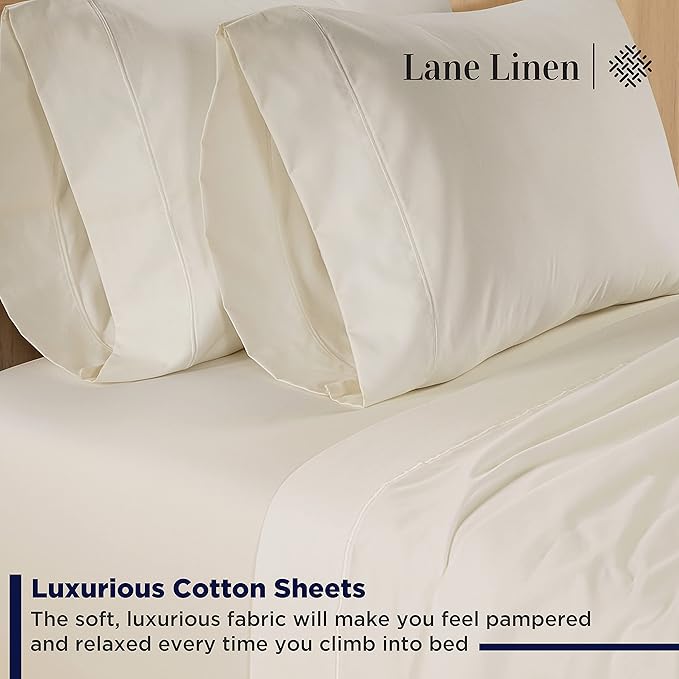 LANE LINEN 100% Cotton 600 Thread Count Soft Twin Bedding Sheets & Pillowcases Set- Sateen Weave Fully Elasticized 15 inch Deep Pocket Twin Sheets, Hotely Like Think Natural Cooling Bedding - Ivory