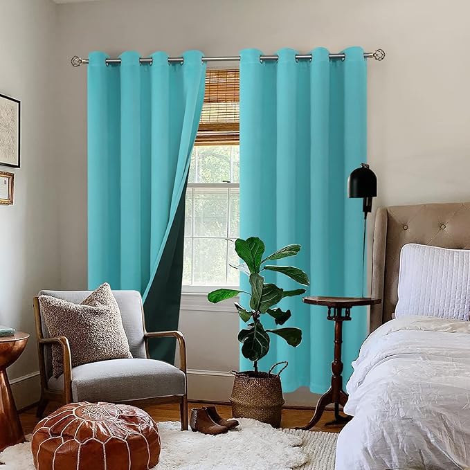 BGment 100% Blackout Curtains for Bedroom Window 84 Inch Length 2 Panels Set, Thermal Insulated Full Light Blocking Grommet Drapes for Living Room Darkening with Black Liner, 52 Inch Wide Each, Aqua