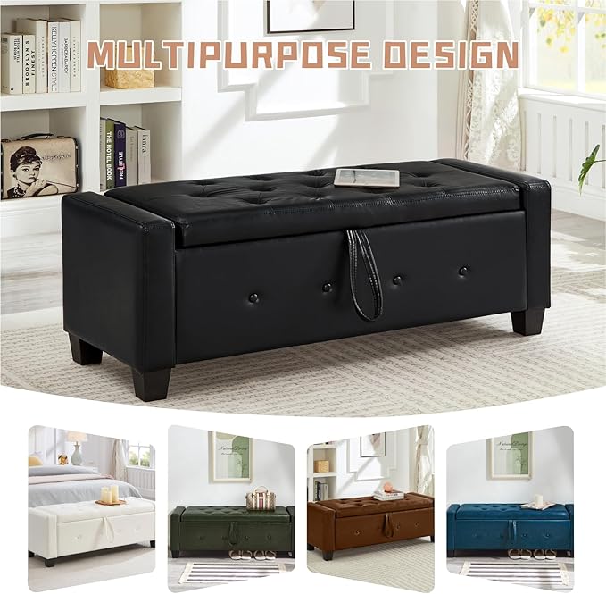48“ Storage Ottoman Bench, Upholstered Button-Tufted End of Bed Bench with Soft-Close Hinge & Solid Wood Legs, Foot Rest for Living Room, Bedroom, Hallway (Faux Leather, Black)