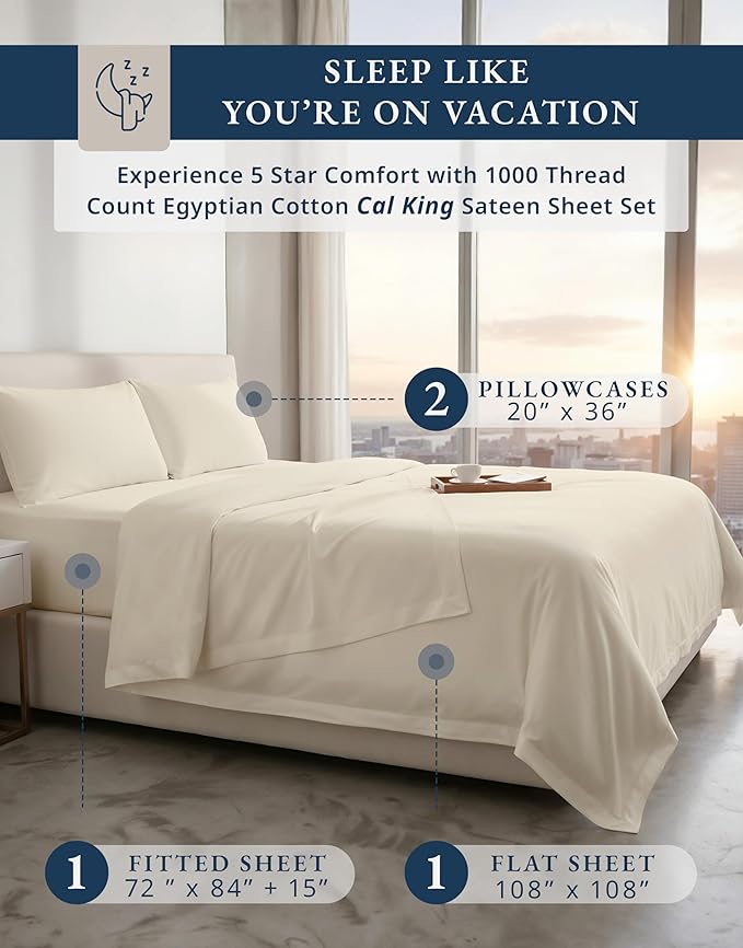 LANE LINEN 100% Cotton California King Sheet Sets - 1000 Thread Count, Soft & Comfy Luxury Hotel Like Thick Fully Elasticized Mercerized Cotton Cal King Set, No Pill Fade Resistant Bedding - Ivory