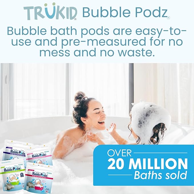 TruKid Bubble Podz Bubble Bath for Kids, Toddlers, & Babies, Tear Free Gentle & Refreshing Bath Bomb for Sensitive Skin with Natural Moisturizers, Non-Toxic, pH Balanced, Vanilla Scent (10 Podz)