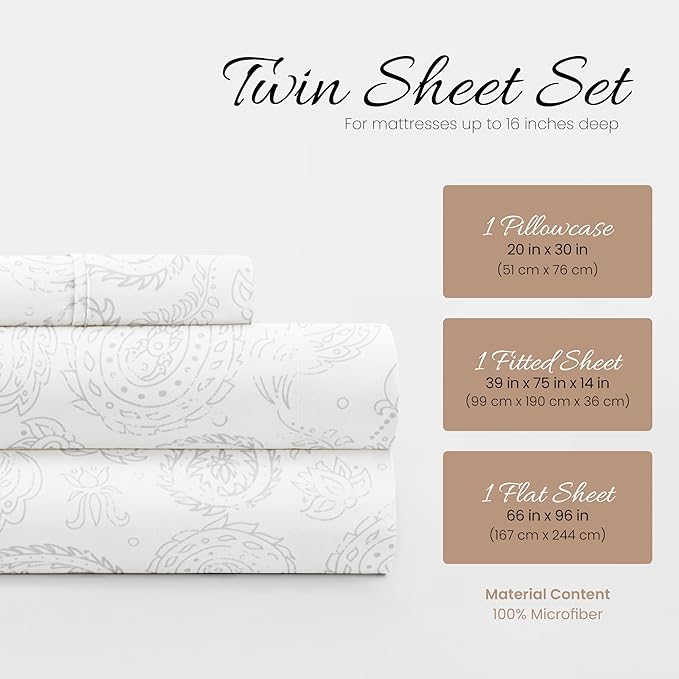 Linen Market Double-Brushed Patterned Microfiber Twin Sheet Set 3 Piece – Oeko-TEX Certified Ultra Soft & Wrinkle-Free - 16" Deep Pocket Sheets - Easy Care Twin Size - Coarse Paisley Light Gray