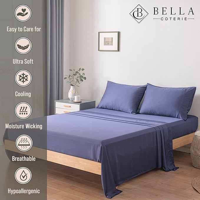 Bella Coterie Luxury Bamboo Viscose Twin XL Size Sheet Set | 100% Organically Grown | Ultra Soft | Cooling for Hot Sleepers | 18" Deep Pocket [Twilight Blue]