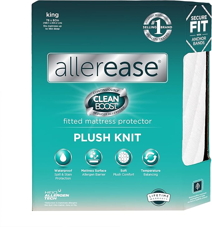 AllerEase CleanBoost Plush Knit Mattress Protector Waterproof Particle Barrier Temperature Balancing Soft Plush Comfort Machine Washable Fitted Cover with Elastic Anchor Bands Mattress Cover, King